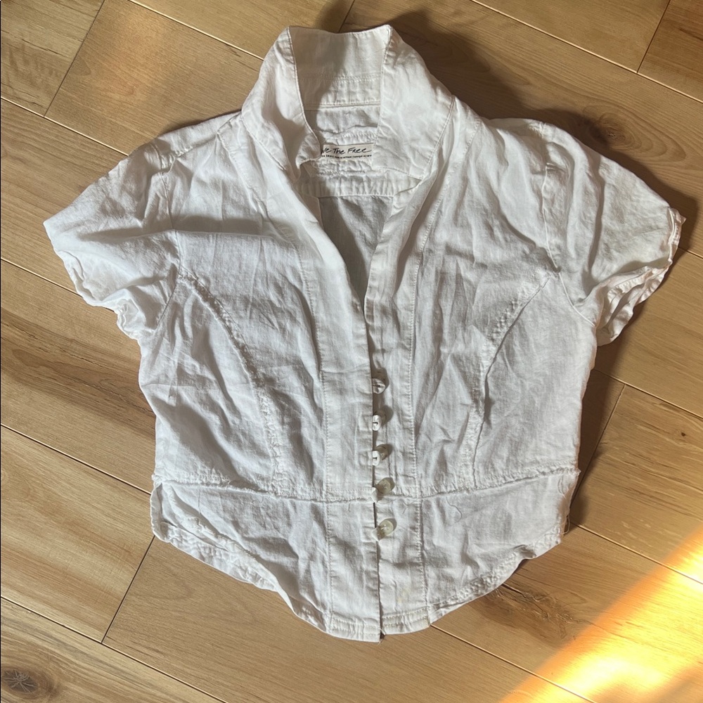 Free People White Button-Up Short Sleeve Blouse